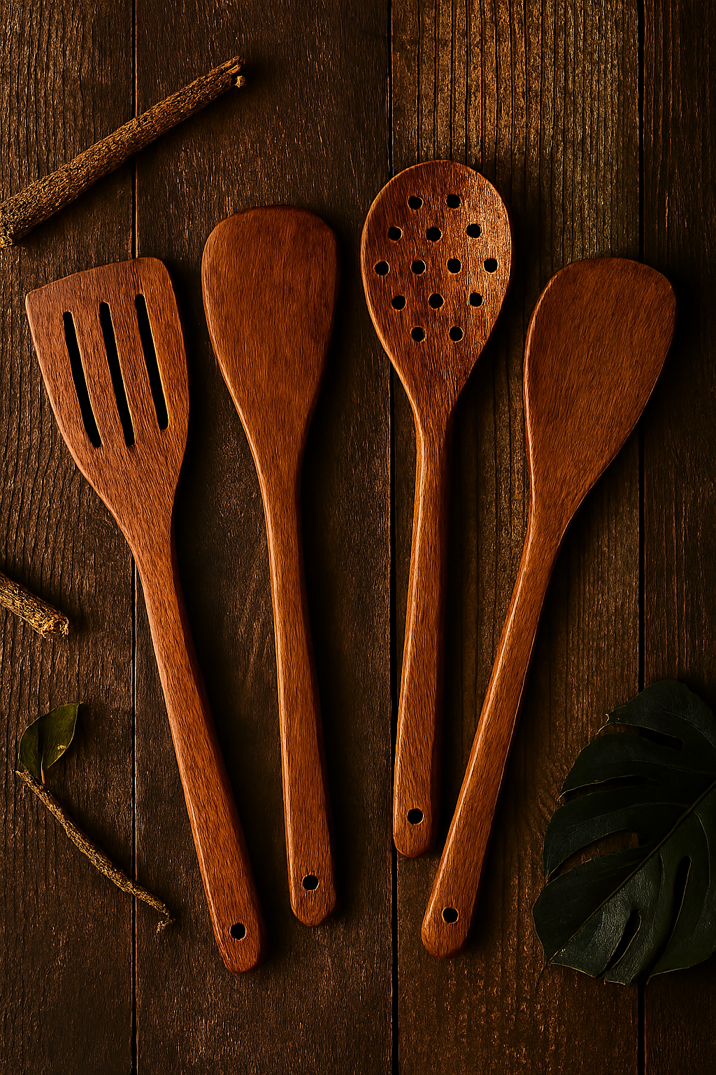 Pack of 4 Wooden Spoon Set – Light Brown Kitchen Tools & Gadgets for Everyday Cooking