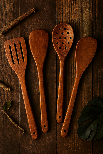 Pack of 4 Wooden Spoon Set – Light Brown Kitchen Tools & Gadgets for Everyday Cooking