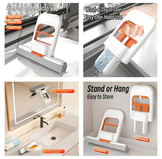 Foldable Mini Desktop Mop – Portable Self-Squeezing Sponge Mop for Kitchen, Bathroom & Car Cleaning