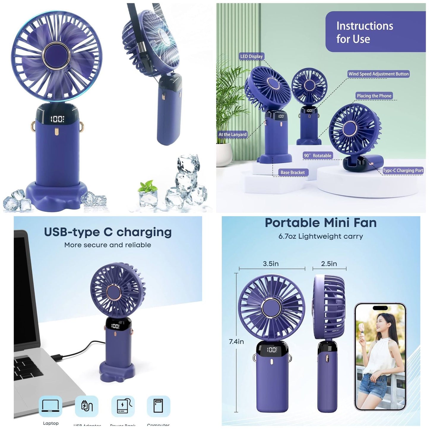 Digital Display Portable Mini Fan – 5-in-1 USB-C Rechargeable Handheld Fan With Phone Stand (Random Color)