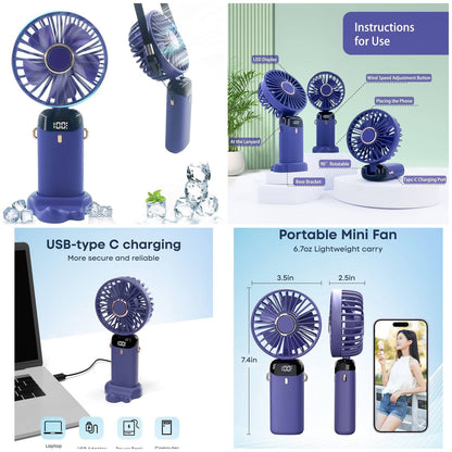 Digital Display Portable Mini Fan – 5-in-1 USB-C Rechargeable Handheld Fan With Phone Stand (Random Color)