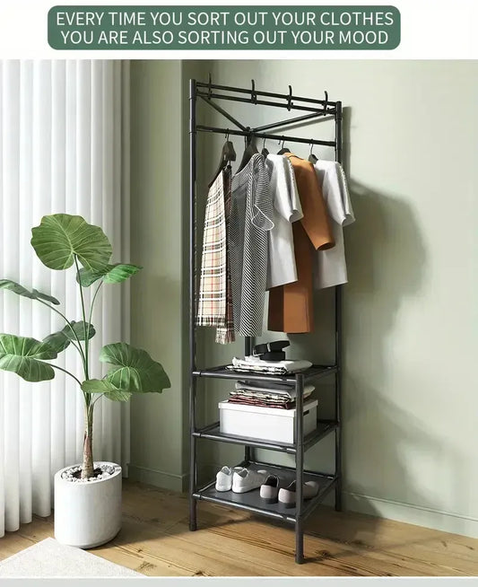 Multifunctional Corner Coat Rack with Storage Shelves – Nail-Free Installation, Space-Saving 3-Tier Organizer with Hooks, Waterproof & Durable (Random Color)